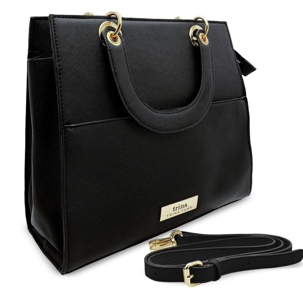 Trina Turk Black Structured Saffiano Leather Tote Bag with Gold-Tone Hardware